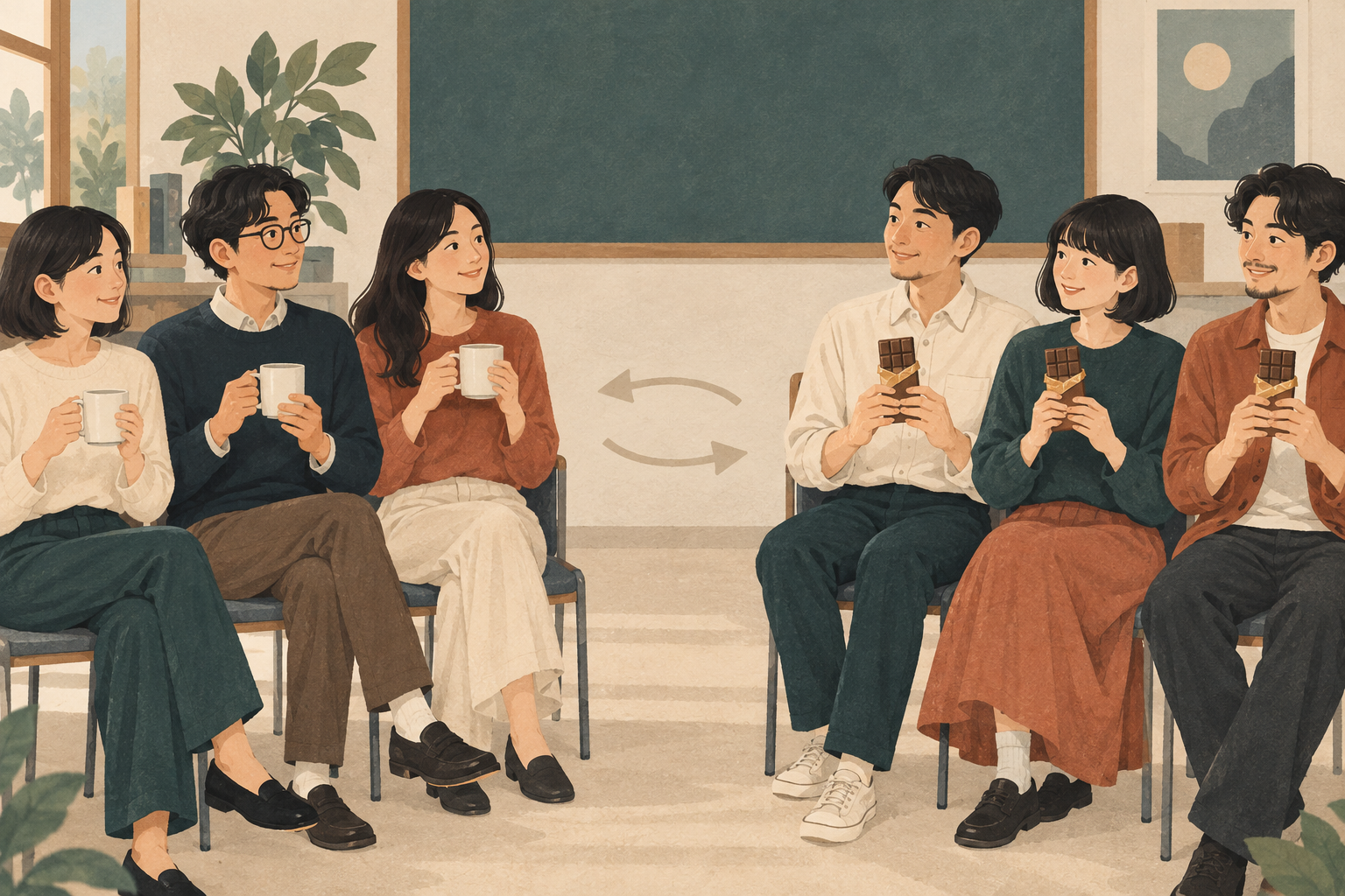 一組人拿杯子、另一組人拿巧克力的交換實驗概念插畫